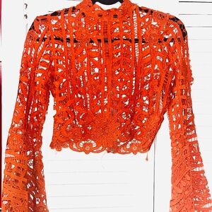 Bohemian style Cropped Hollow See-Through Knit Bell-Top Blouse with  Zipper